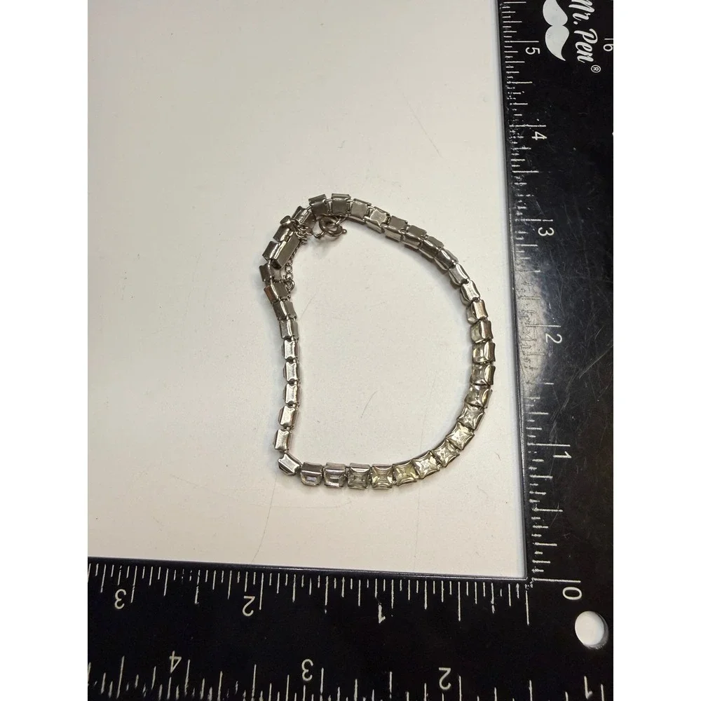 Vintage Silver Tone Square Cut Clear Rhinestone Tennis Bracelet Safety Chain